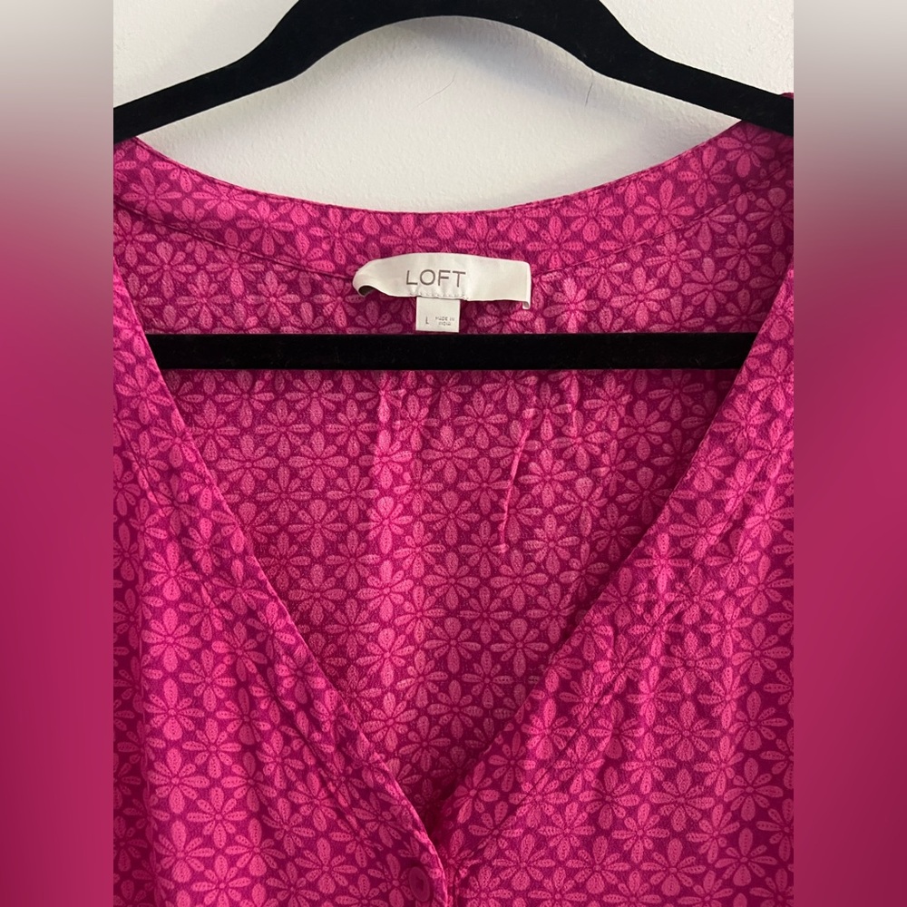 LOFT Stamped Puff Sleeve Tie Front Blouse Pink | Size L - Picture 2 of 5